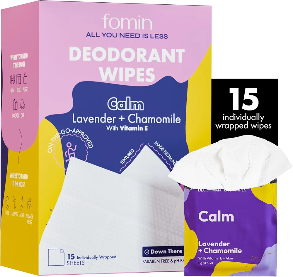 FOMIN Travel Deodorant Wipes - 15 Count - Calming Lavender and Chamomile - pH Balanced, Hypoallergenic Mini Deodorant Wipes For Women and Men - Plastic-Free, Individually Wrapped Underarm & Body Wipes