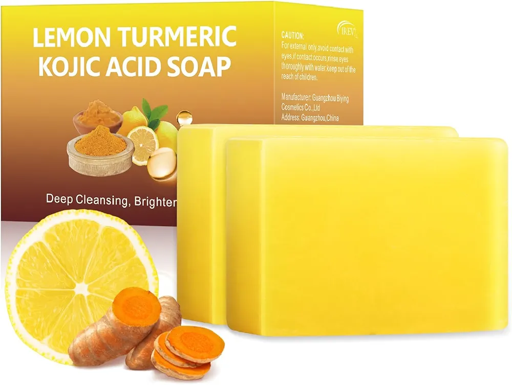 Tamoskiny Lemon Turmeric Kojic Acid Soap Kojic Acid Soap for Hyperpigmentation Skin Soap, Turmeric Soap Bar For Dark Spots, Hand Soap Bar Acne Face Body Bar Deep Cleansing Face Wash (2 Pack)