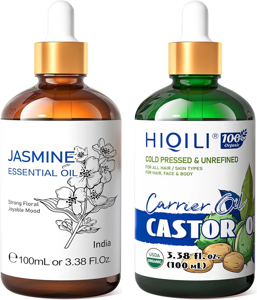 HIQILI Jasmine Essential Oil and Castor Oil, 100% Pure Natural for Diffuser - 3.38 Fl Oz