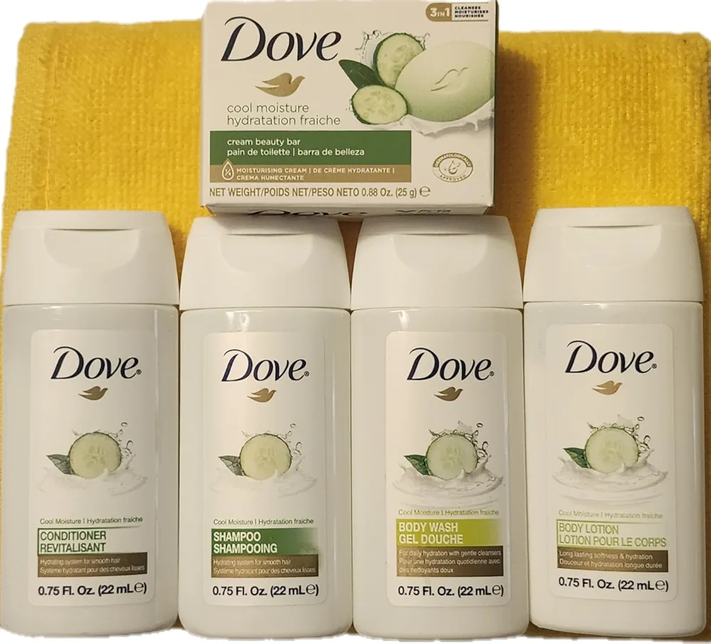 Dove Travel Essentials: TSA Approved Travel Size Toiletries Bath Amenities with Soap, Body Wash, Shampoo & Conditioner with THS Towel Traveling Essentials for Flying or Hospital Bag Essentials