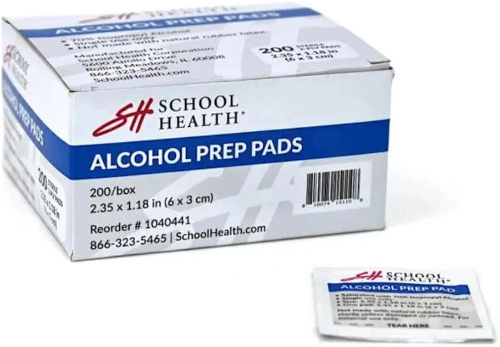 School Health Alcohol Prep Pad - 200 pack, Sterile, Individualy-Wrapped, Isopropyl Non-Woven Pad | Medium Size, 2 Ply - Disposable - For Medical and First Aid Kits - Latex Free and Antiseptic