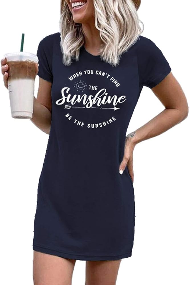 Women's Funny Graphic Tee shirt Dress Crew Neck Short Sleeve Long Tunic Tops Blouse