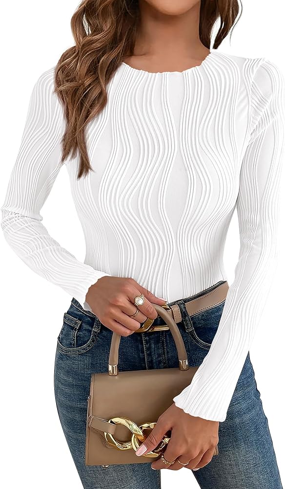 PRETTYGARDEN Women's Tops 2024 Cute Long Sleeve Crewneck Blouses Plain Slim Fit Fall Shirts Textured Knit Basic T Shirts