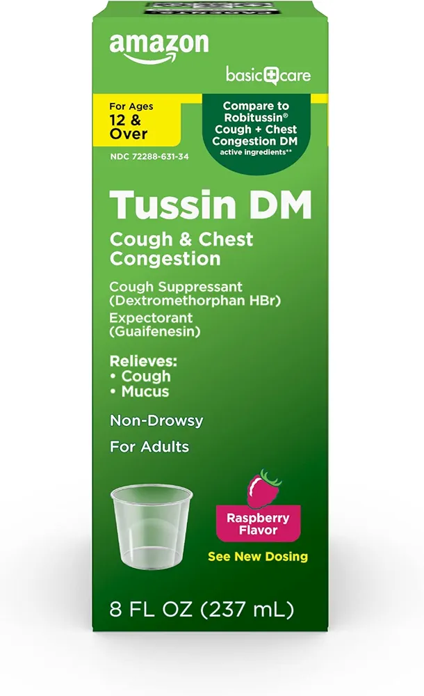 Amazon Basic Care Tussin Cough Plus Chest Congestion DM Syrup, Raspberry Flavor, 8 fl oz (Pack of 1)