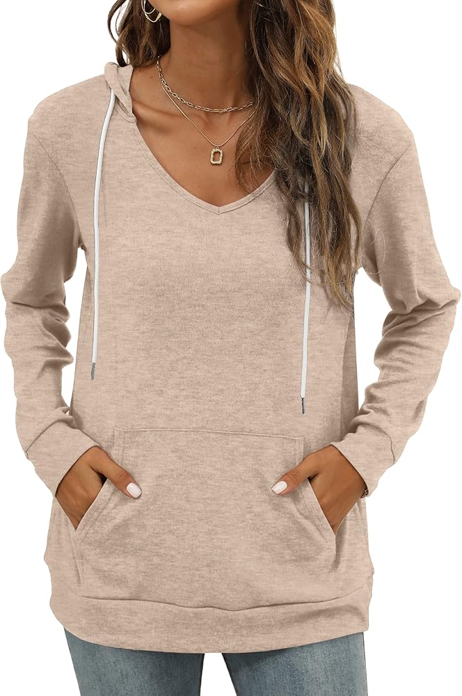 Saloogoe Kangaroo Pocket Hoodies for Womens V Neck Lightweight Sweatshirts Long Sleeve Tops