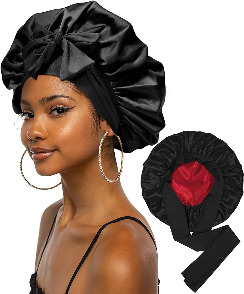 Extra Large Satin Bonnet for Sleeping Jumbo Silk Bonnet Double Layer Hair Bonnet for Women with Elastic Tie Band Hair Wrap