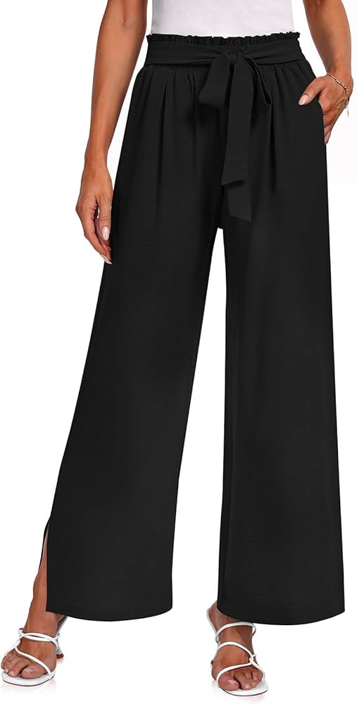 UEU Women's Wide Leg Casual Pants High Waisted Adjustable Tie Knot Business Work Trousers with Pockets