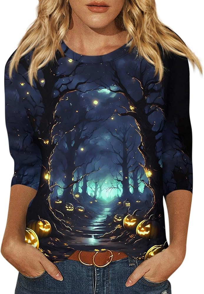 Halloween Costumes 3/4 Sleeve Round Neck Tops Oversized Cute Blouse Trendy Casual Tunic Loose Fit Printed tee