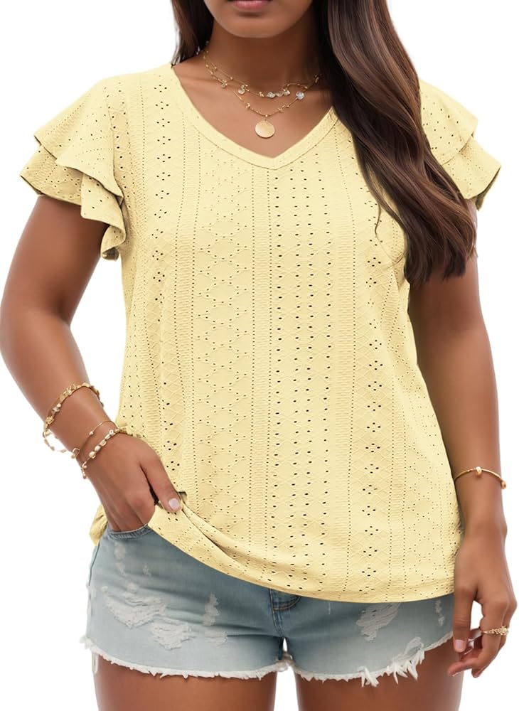 VISLILY Womens-Plus-Size-Summer-Tops Ruffle Short Sleeve T Shirts Trendy V Neck Tunics Casual Loose Eyelet Blouses Tee XL-5XL