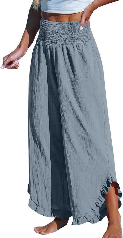 Linen Wide Leg Pants for Women Stretch Smocked High Waisted Ruffle Hem Palazzo Pants Casual Loose Summer Beach Pants