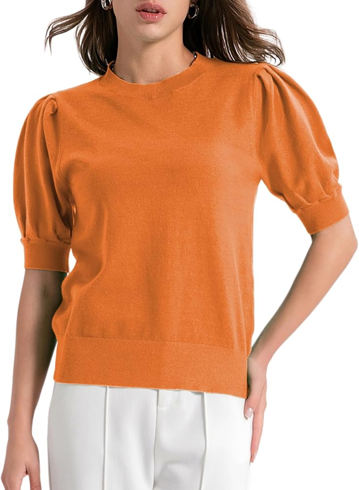 Women's Puff Short Sleeve Sweater Tops 2024 Crewneck Lightweight Knit Pullover Basic Solid Sweaters Blouse