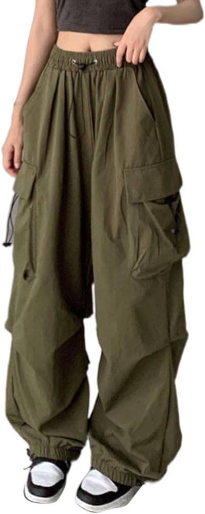 Parachute Pants for Women, Y2k Cargo Pants Women Baggy Drawstring High Rise Straight Leg Baggy Pants Jogger Sweatpants