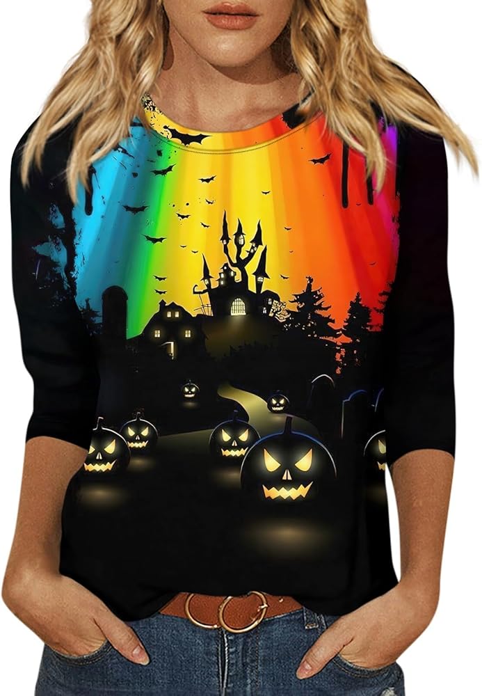 Halloween Costumes 3/4 Sleeve Round Neck Tops Casual Oversized Blouse Loose Fit Cute Tunic Printed Trendy tee