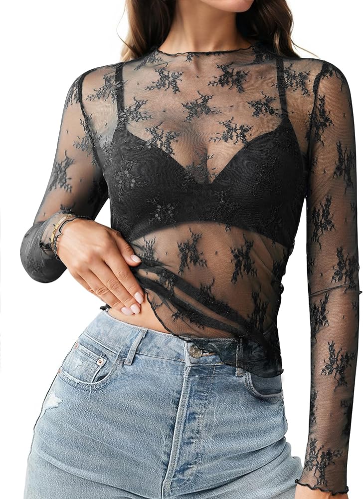 HOTOUCH Women's Mesh Sheer Tops Long Sleeve Layering Top Mock Neck See Through Floral Lace Shirt Blouse