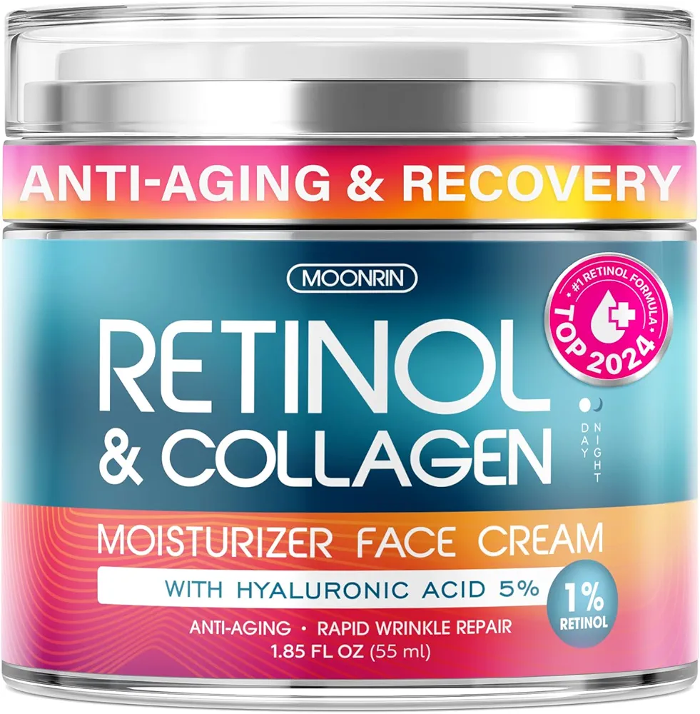 Retinol Cream for Face with Hyaluronic Acid, Day-Night Anti-Aging Moisturizer for Women, Men, Collagen Cream for Face Reduces Wrinkles, Dryness, 1.85 Oz