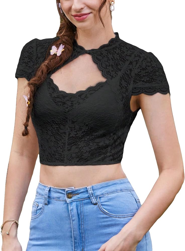 OYOANGLE Women's Contrast Lace Short Sleeve Round Neck Cut Out Crop Tee Tops Slim Fit Blouses Tops