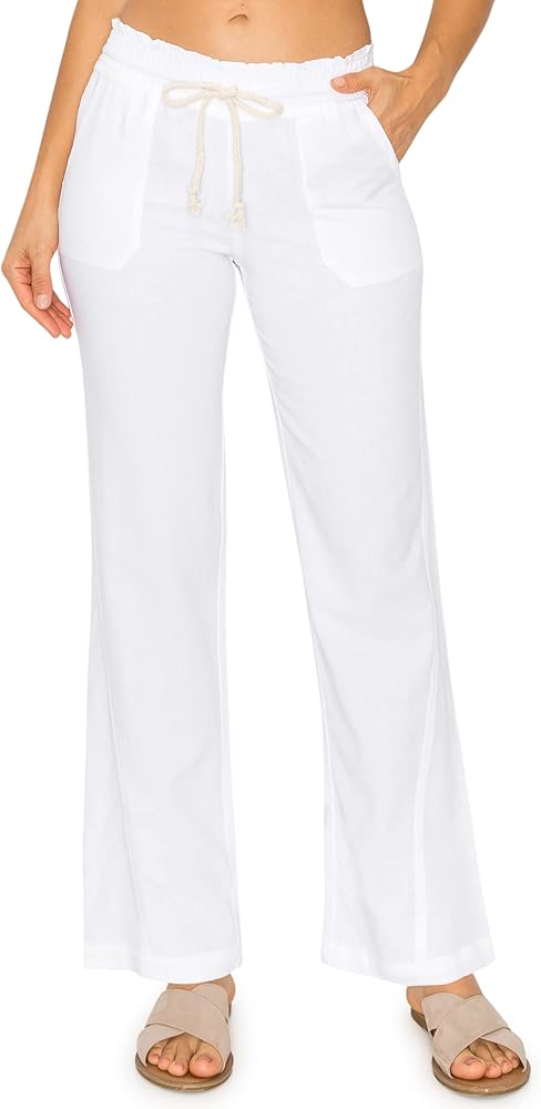 Cali1850 Women's Casual Linen Pants - 29" Inseam Oceanside Drawstring Smocked Waist Lounge Beach Trousers with Pockets