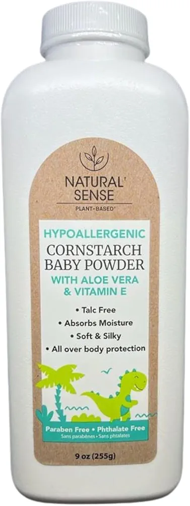 Plant-Based Hypoallergenic Cornstarch Baby Powder with Aloe Vera & Vitamin E, 9oz