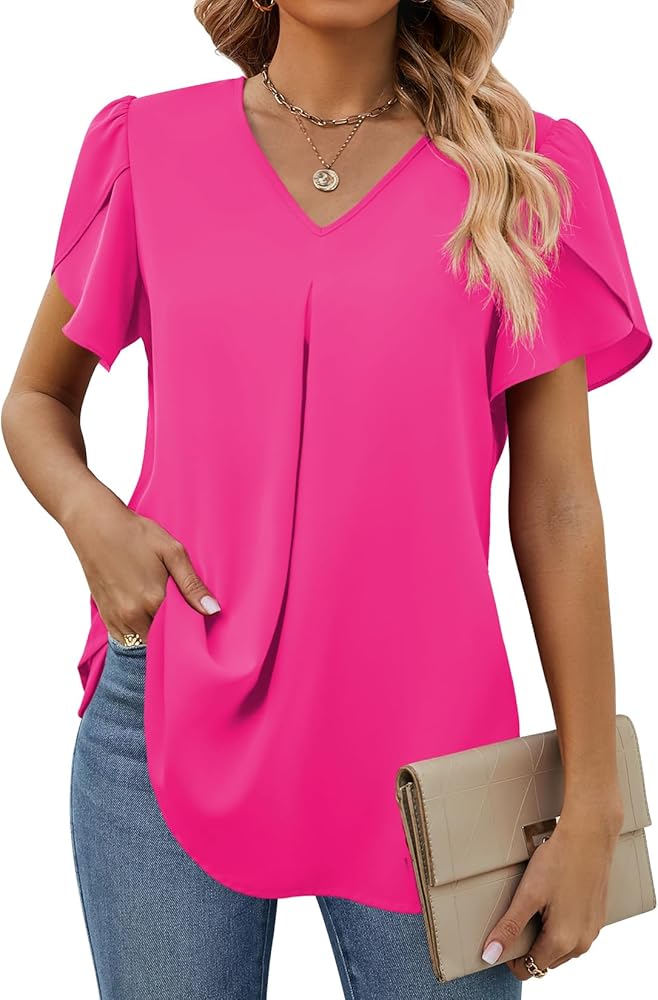 Funlingo Women's Summer Tops Short Sleeve Dressy Chiffon Blouses V Neck Work Tunic Tops Casual Loose T-Shirts