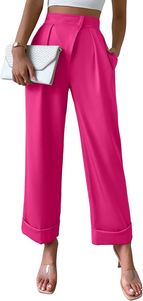 SweatyRocks Women's Elegant High Waist Roll Up Hem Pleated Wide Leg Pants with Pocket