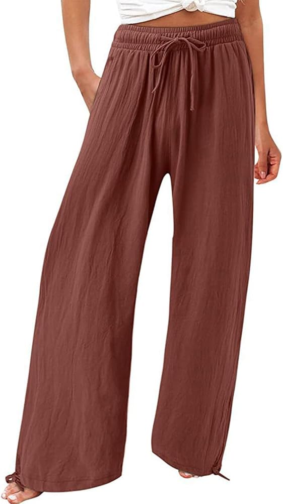 utcoco Wide Leg Linen Pants for Women Casual Loose Fit High Waisted Pants with Drawstrings