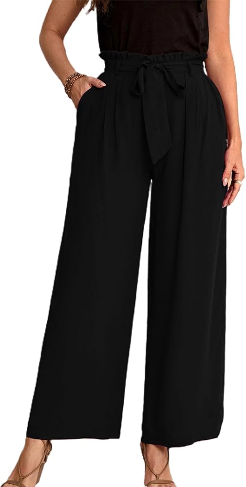 HOUZONIY Women's Wide Leg Pants Tie Knot Work Pant Business Casual Long Lounge Trousers with Pockets