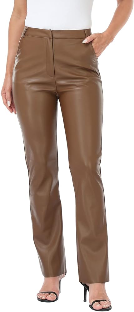 HDE Women's Faux Leather Pants High Waisted Straight Leg Trousers with Pockets