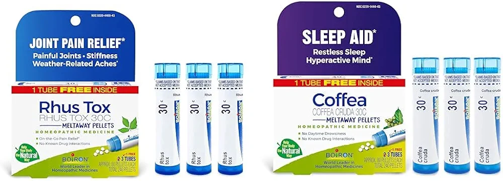 Boiron Rhus Tox 30C & Coffea Cruda 30C Homeopathic Medicine Bundle for Joint Pain, Muscle Aches, Restless Sleep, Racing Thoughts - 240 Pellets Each