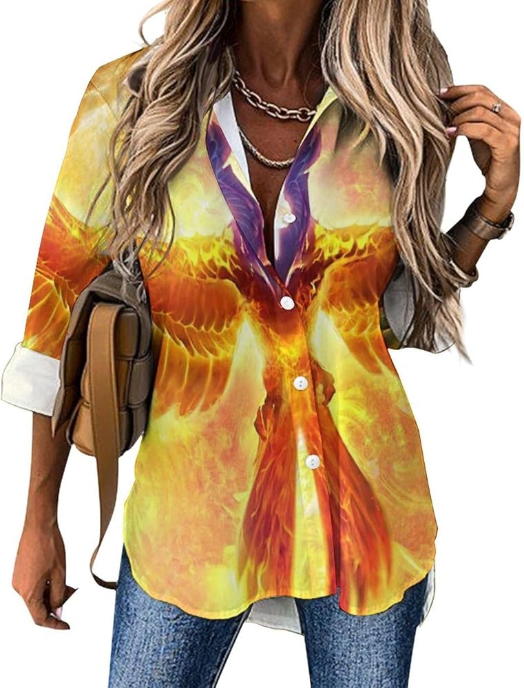 Sun Fire Phoenix Classic Shirts for Women Long Sleeve Blouse Casual V Neck Tee Tops Work Office