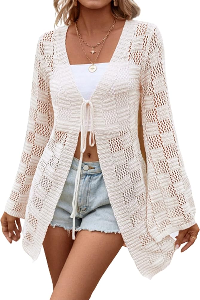 Verdusa Women's Crochet Cardigan Lightweight Kimono Sweater Tie Front Flounce Sleeve Sheer Knit Top