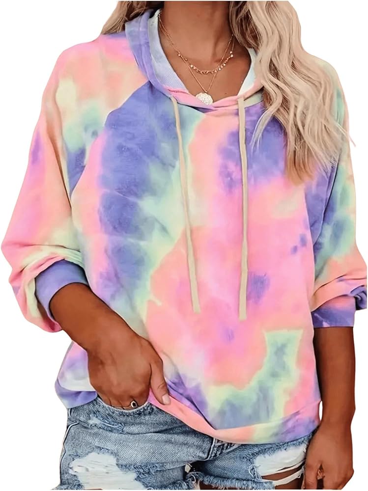 Women's Plus Size Tie Dye Hoodie Long Sleeve Drawstring Hooded Sweatshirt Pullover