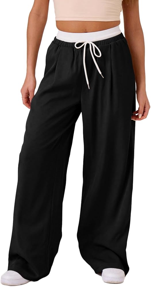 Acelitt Womens 2024 Fall Casual Loose Wide Leg Contract Waist Pants with Pockets