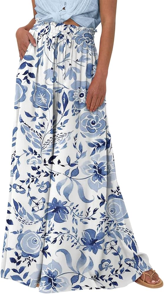 Floral Palazzo Pants for Women Gradient Print Evening Wide Leg Spring Pants Trendy Elastic Waist Slacks Long Pants