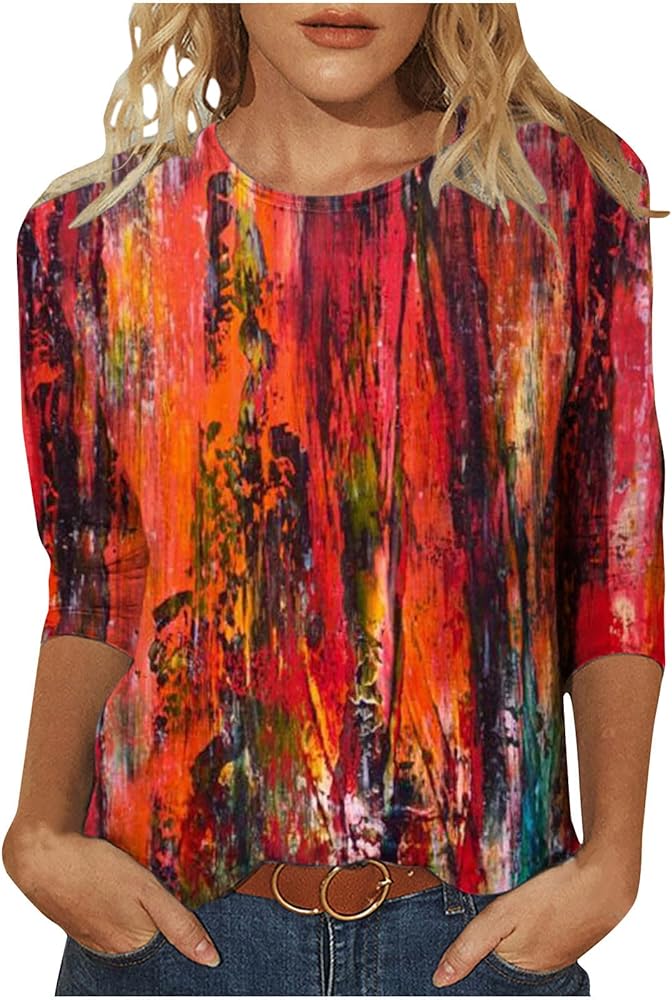 Ceboyel 3/4 Sleeve Tops for Women Summer Marble Print Tees Shirt Dressy Causal Tunic Blouses Trendy 2023 Ladies Clothes