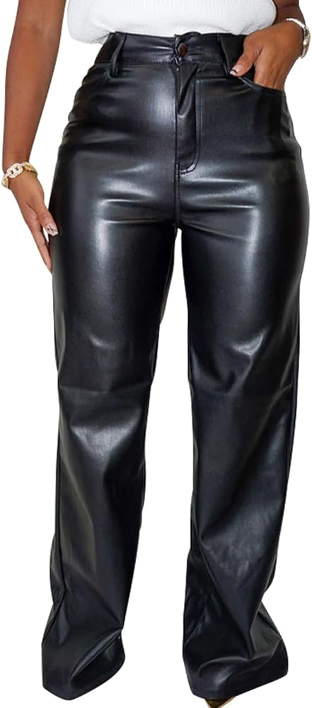 hibshaby Faux Leather Pants for Women High Waisted Straight Leg Long Pants