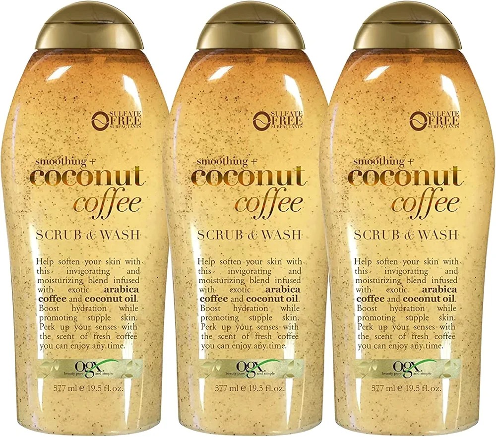 OGX Smoothing + Coconut Coffee Exfoliating Body Scrub with Arabica Coffee & Coconut Oil, Moisturizing Body Wash for Dry Skin, Paraben-Free with Sulfate-Free Surfactants, 19.5 Fl Oz (pack of 3)