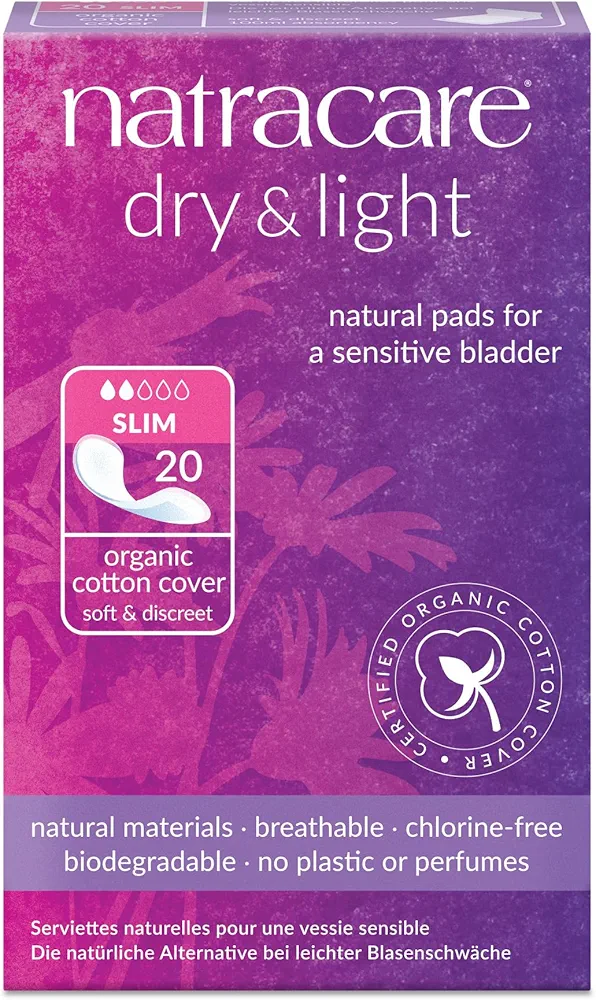 Natracare Dry & Light, Slim, Natural and Absorbent Pads with Organic Cotton Cover for Light Urinary Incontinence (1 Pack, 20 Pads Total)