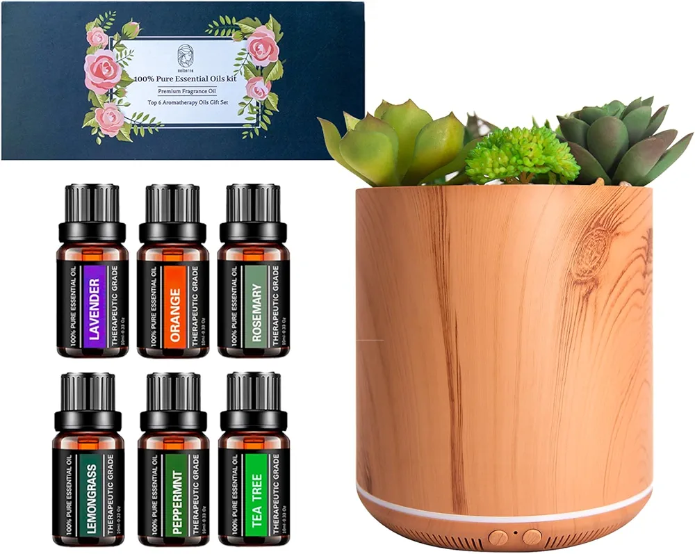 Essential Oils Sets Pure Oils kit- Top 6 Aromatherapy Oils Gift Set and Cute Potted Succulent Essential Oil Diffuser 400 mL