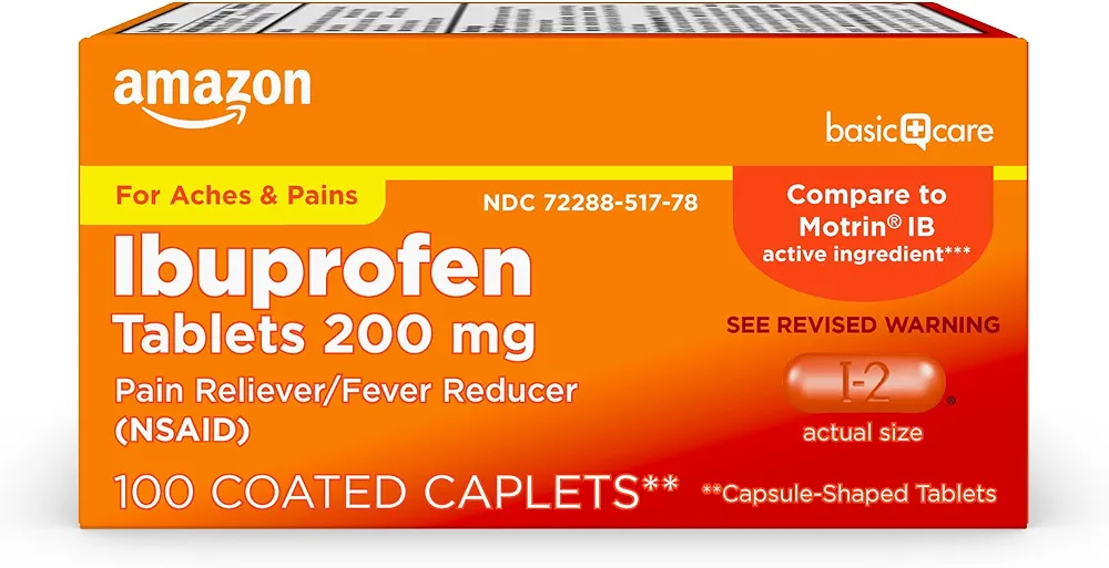 Amazon Basic Care Ibuprofen Tablets, 200 mg, Pain Reliever and Fever Reducer, For Arthritis, Toothache, Backache and More, 100 Count