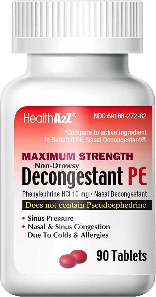 HealthA2Z® Decongestant PE | Phenylephrine HCl 10 mg | Maximum Strength | Non-Drowsy Nasal & Sinus Congestion Relief Due to Cold & Allergies (90 Count (Pack of 1))