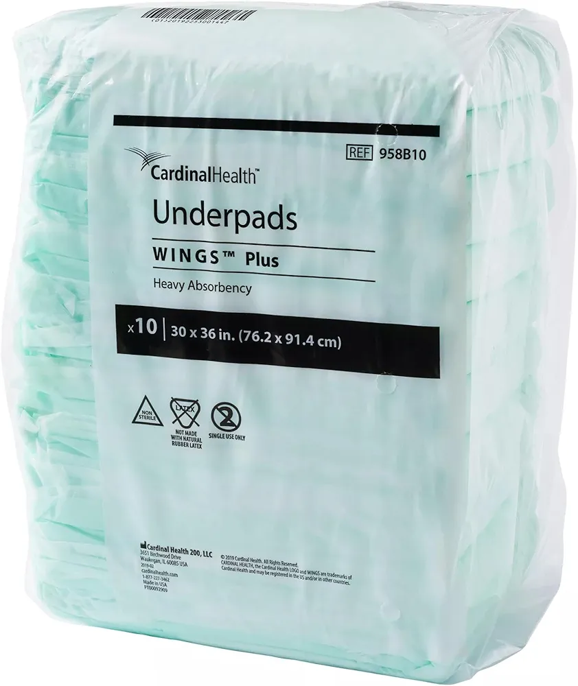 Cardinal Health™ Underpads, Wings™ Plus, Heavy Absorbency, Green, 30 x 36IN, Case of 50