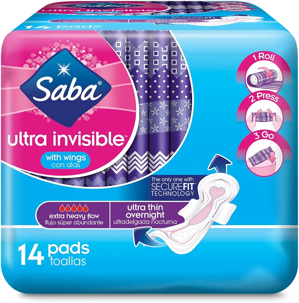 Saba Ultra Invisible Ultra Thin Overnight Pads with Wings, 56 Count (4 pack of 14)