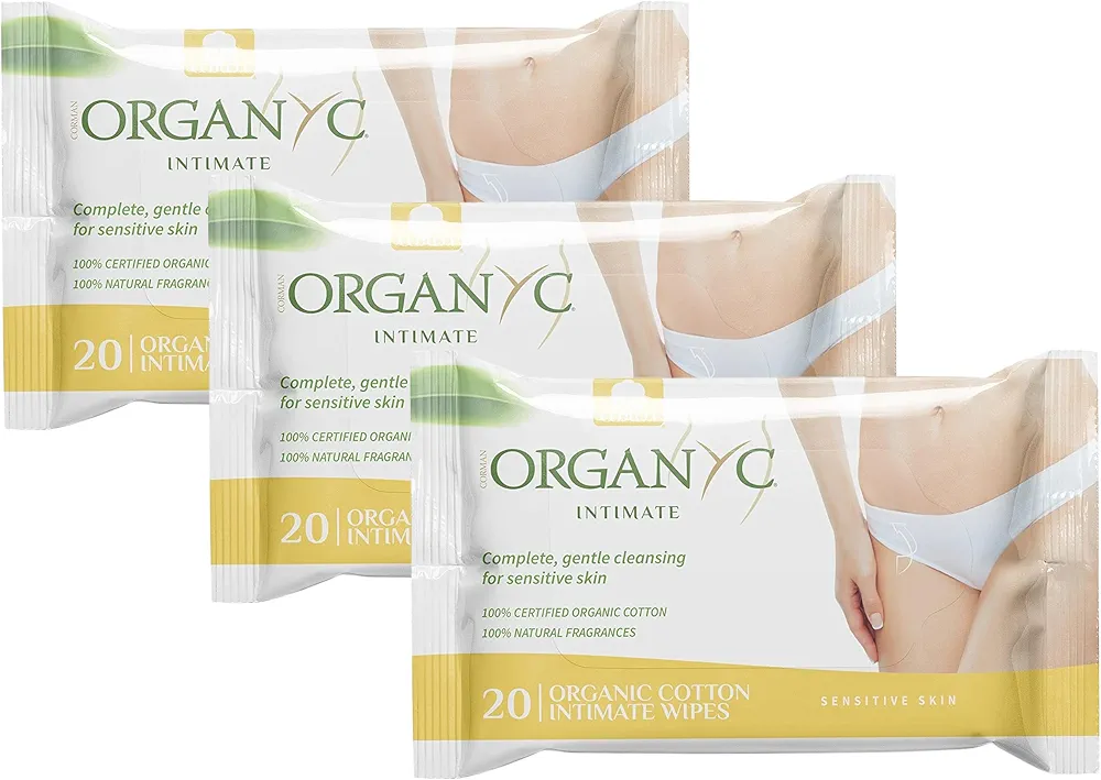 Organyc - 100% Organic Cotton Intimate Wet Wipes, No Parabens, Alcohol, or Chlorine -, White, 20 Count (Pack of 3) (ORGWW1A)