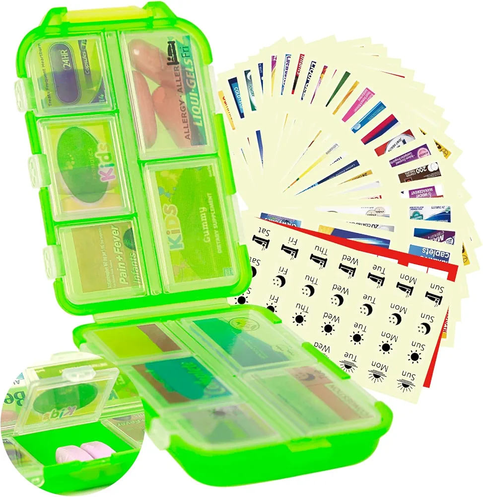 DIY Pill Organizer Kit - Mini Pill Box with 207 Pcs Transparent Pre-Cut Medicine Labels, Travel Essentials Mini Pill Case for Travel Daily, Green