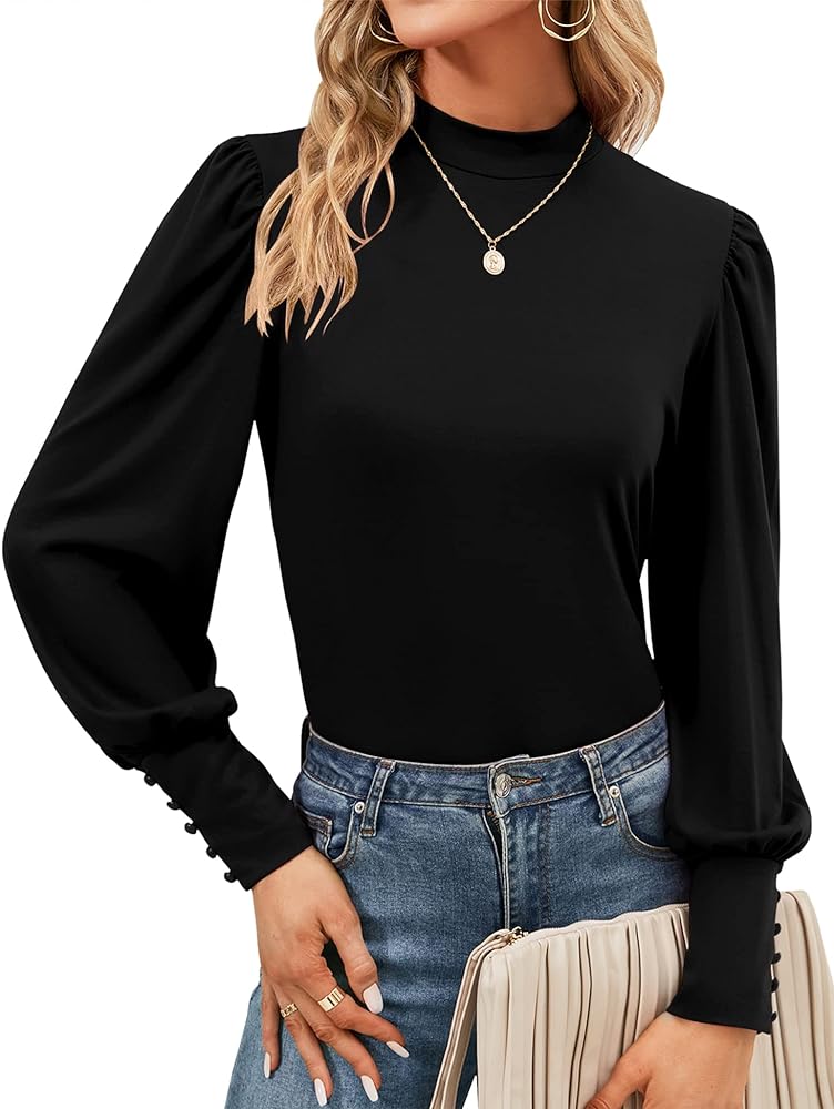 Qirno Womens Mock Neck Puff Long Sleeve Tops Casual Loose Solid Basic T Shirt Button Cuffs Pullovers Shirts Blouse