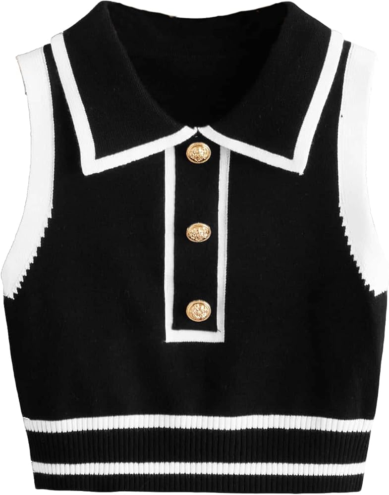 Verdusa Women's Button Front Striped Collar Sleeveless Sweater Vest Knit Top