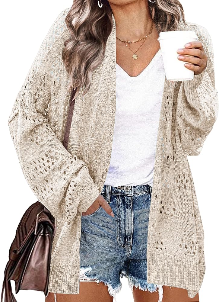 IN'VOLAND Womens Plus Size Crochet Cardigan Kimonos Boho Long Sleeve Oversized Summer Open Front Knitted Sweater