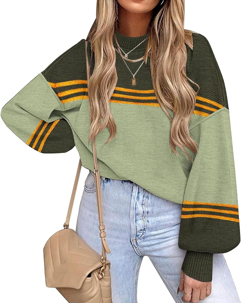 ETCYY Womens Sweaters Fall 2024 Batwing Long Sleeve Side Slit Knit Tops Crew Neck Striped Oversized Sweater Pullover Tops