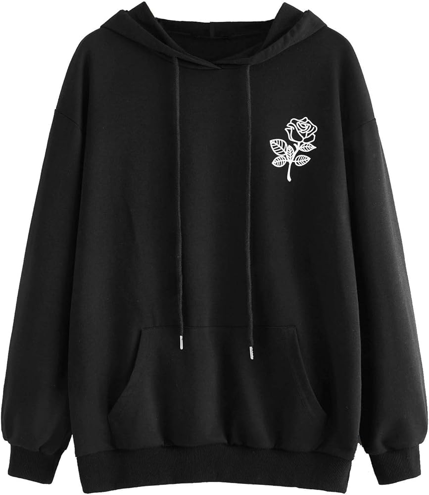 SweatyRocks Women's Casual Rose Print Long Sleeve Pullover Hoodie Sweatshirt Tops