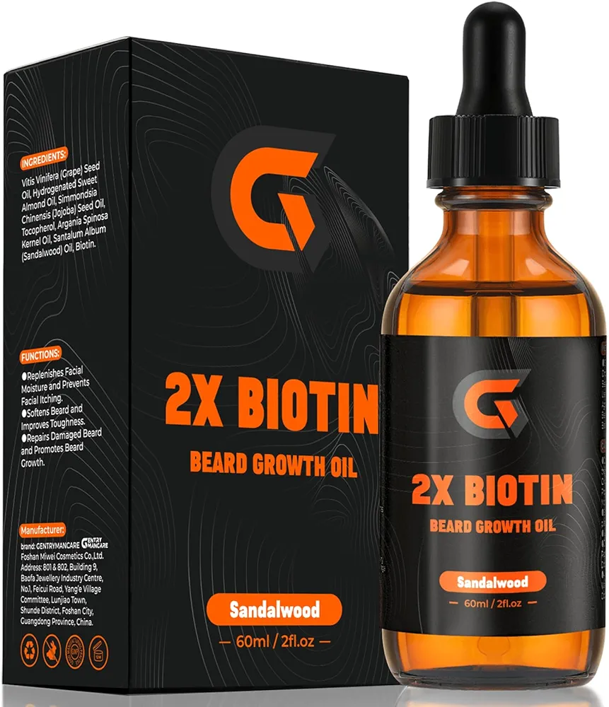 2X Biotin Beard Growth Oil - Natural Organic Leave in Conditioner & Softener - Mustache/Facial Hair Thickener, Moisturizer, Strengthener & Growth Serum for Men - Anti Beard Itch and Dandruff, 2 fl.Oz